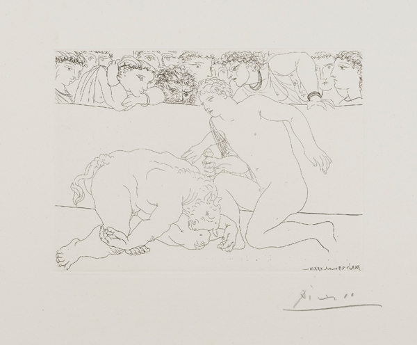 Pablo Picasso's Suite Vollard, 1939, Paris: Defeated Minotaur (Minotaur Defeated by Youth in Arena), May 29, 1933 Pablo Picasso's Suite Vollard, 1939, Paris: Defeated Minotaur (Minotaur Defeated by Youth in Arena), May 29, 1933